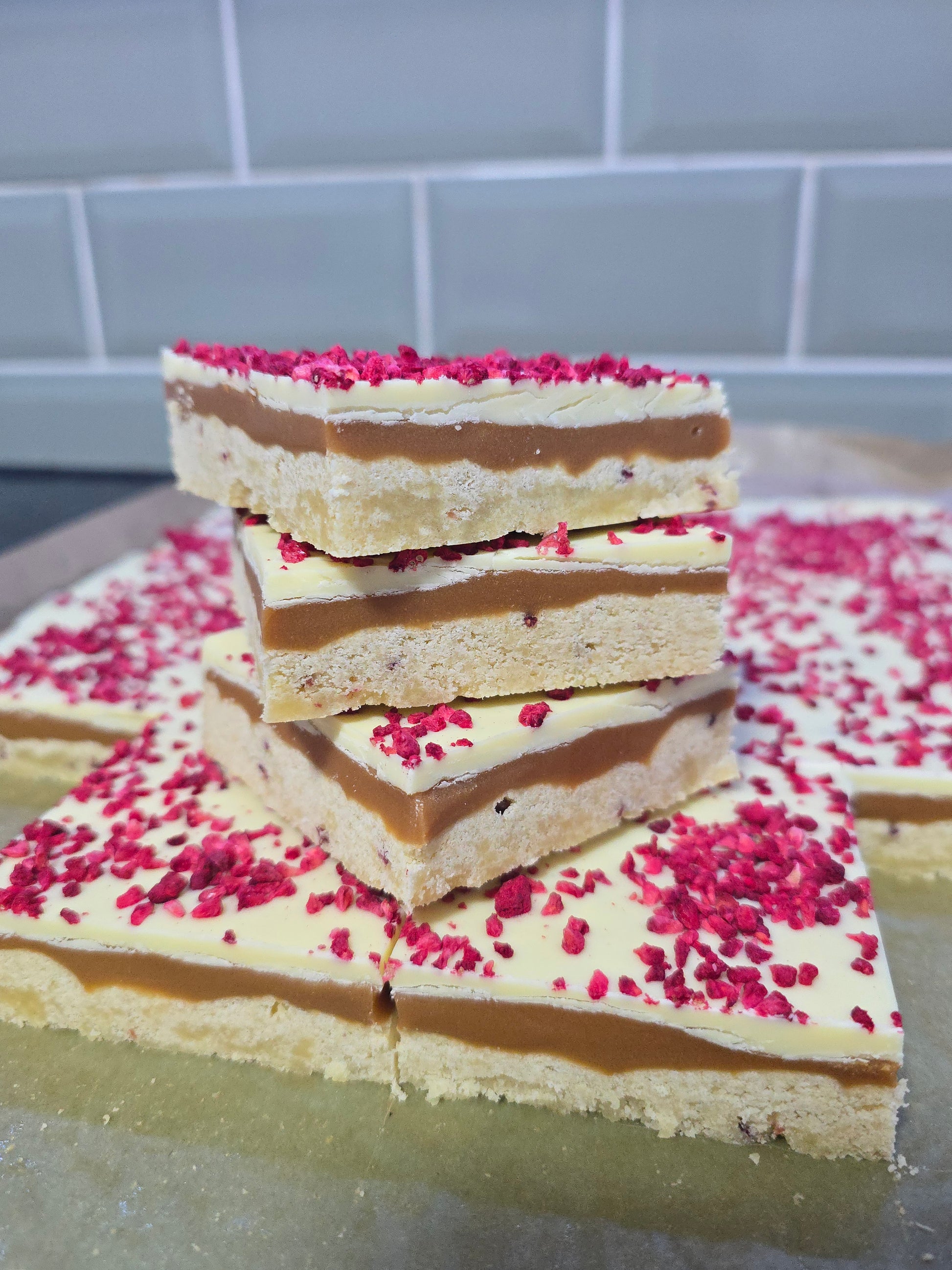 Raspberry & White Chocolate Millionaires Shortbread